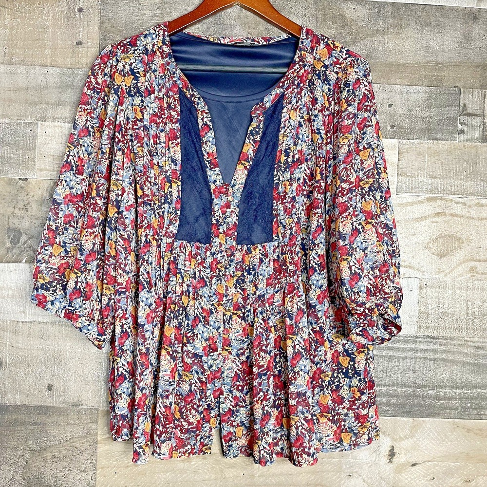 Cj Banks Blouse Size X Navy & Maroon Floral Button‎ Front Layered Look Top